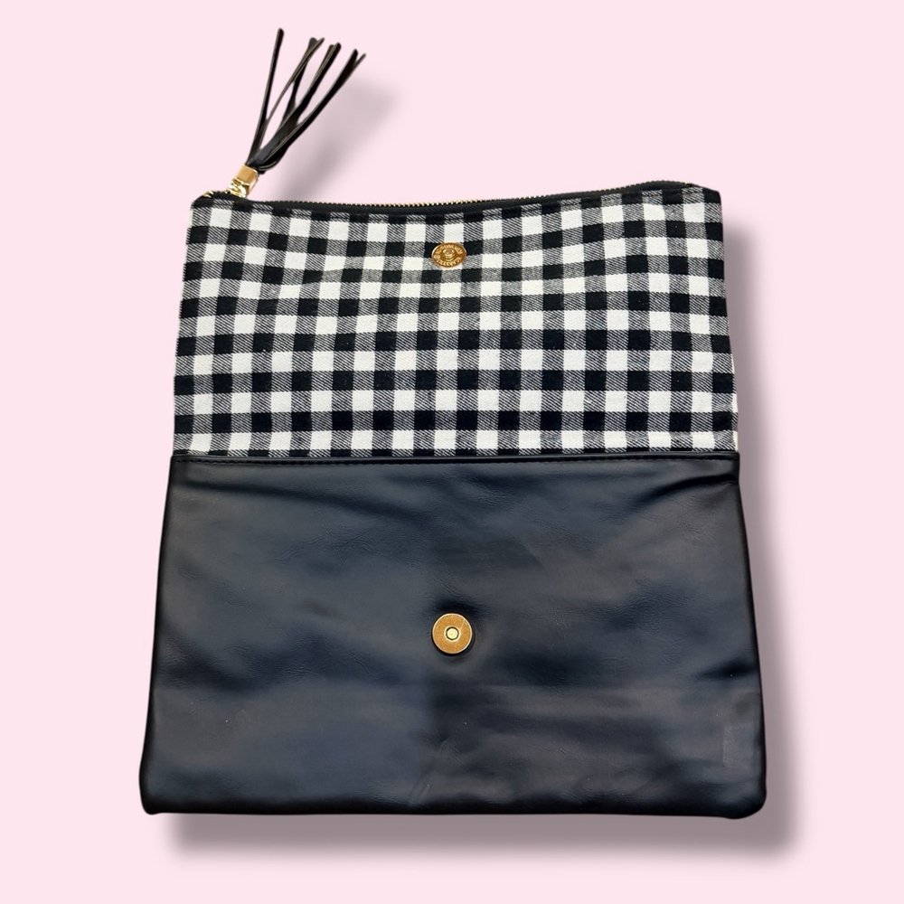 Funky Monkey Black White Gingham Clutch Wristlet Tassel Zip Faux Leather Bag - Picture 6 of 7